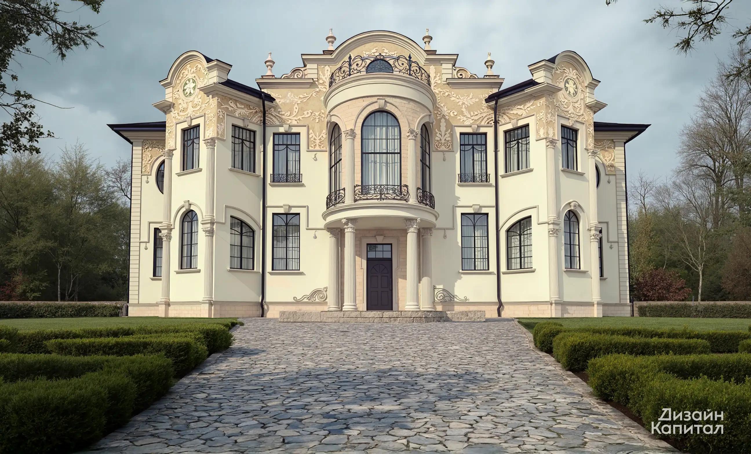 Facade of a large empire style house with sgraffito paintings