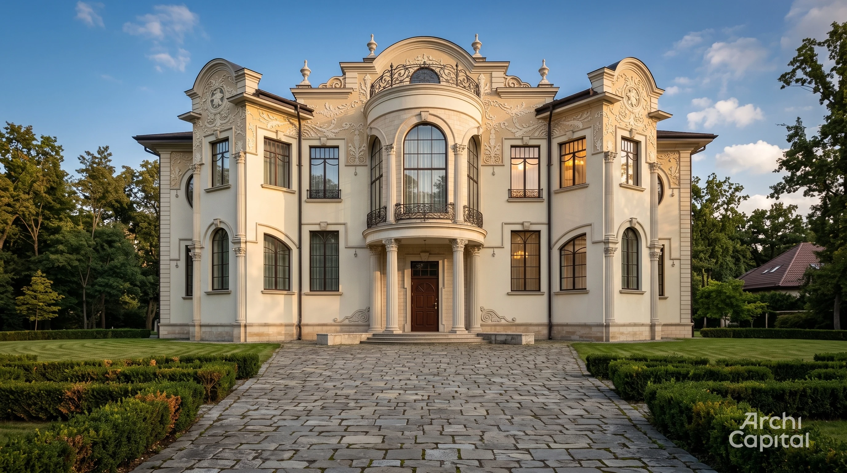 Facade of a large empire style house with sgraffito paintings