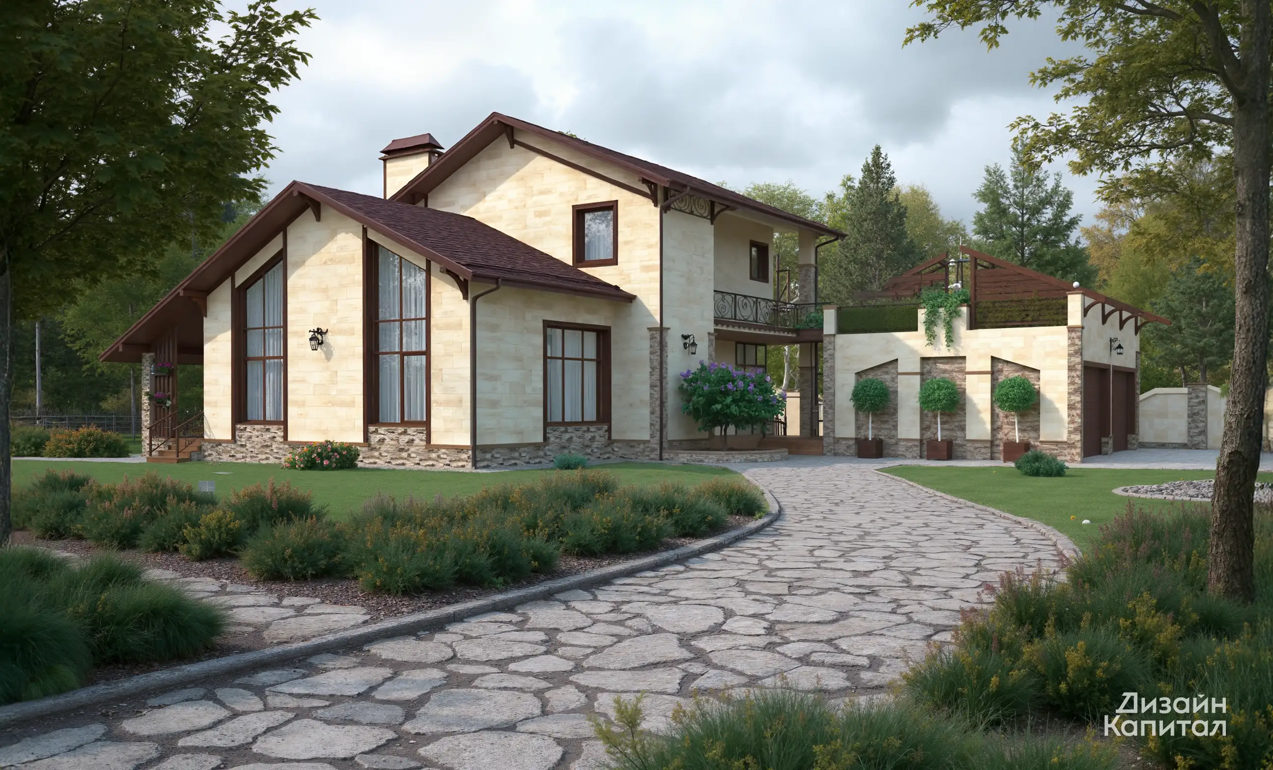 House with roof terrace. Travertine facade finish
