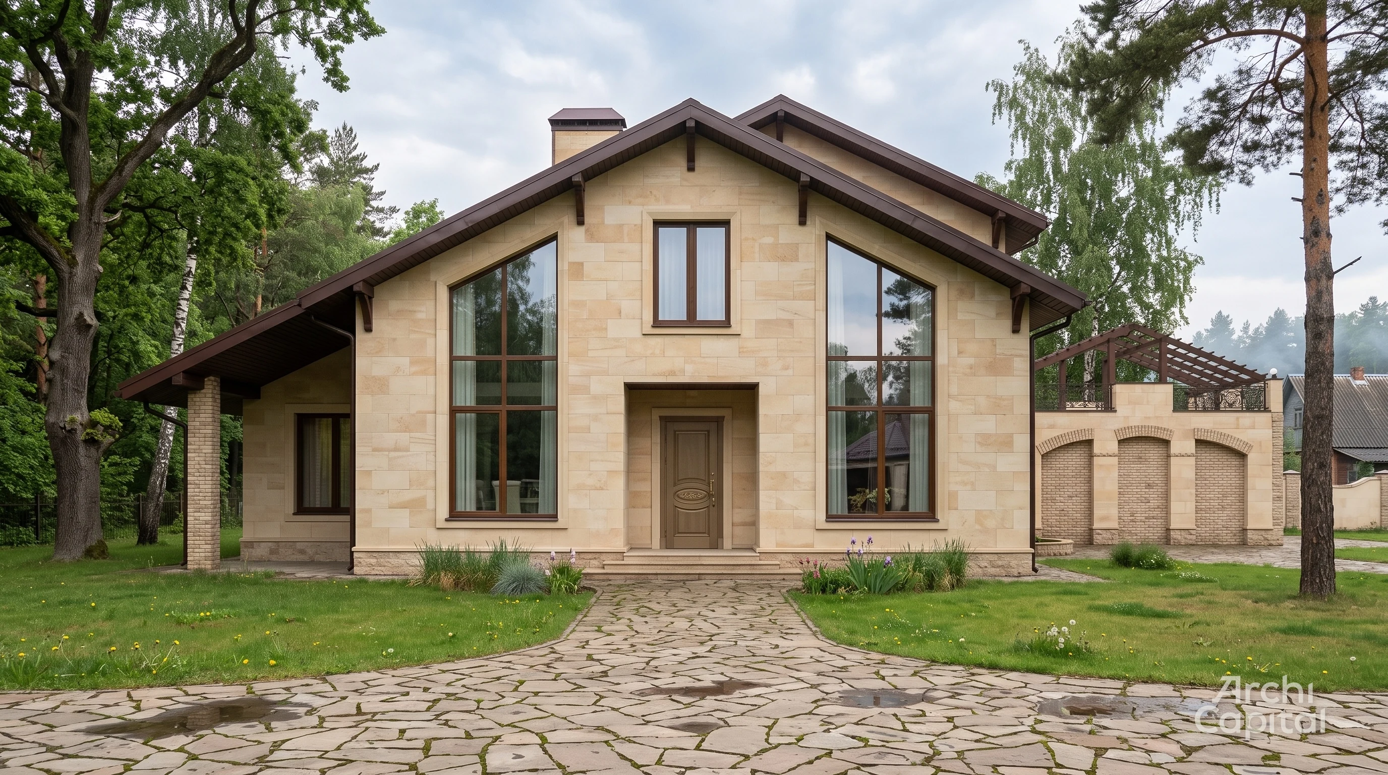 House with roof terrace. Travertine facade finish