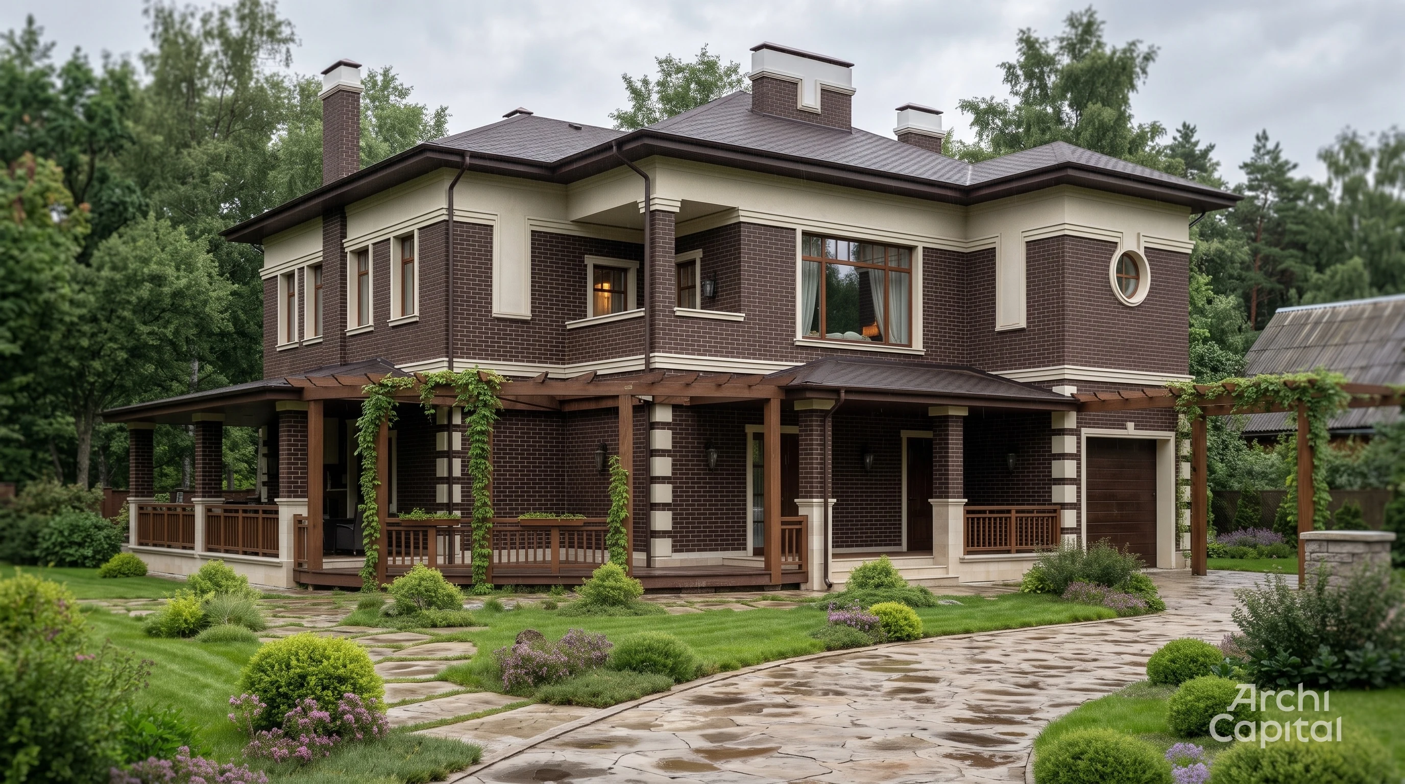 English style facade with a terrace. Dark Burgundy brick