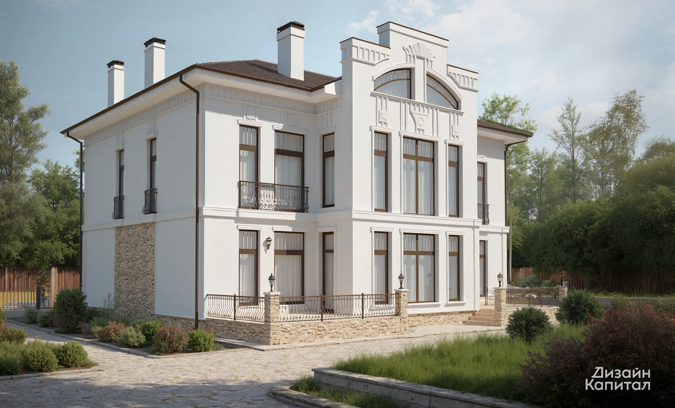 White stucco facade in ardeco style
