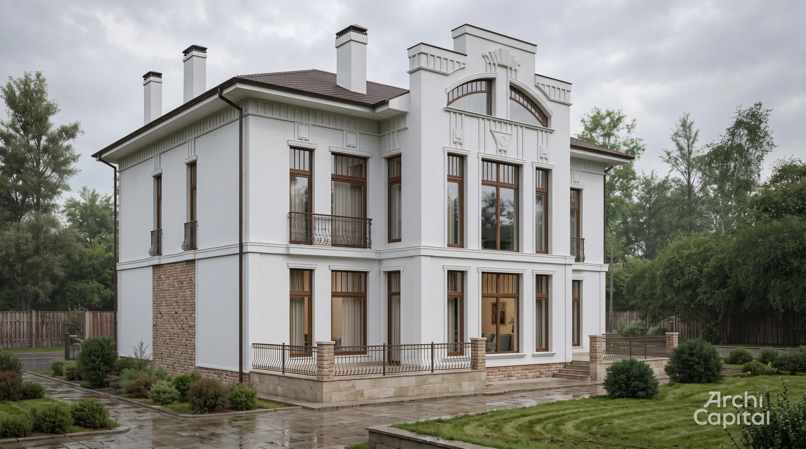 White stucco facade in ardeco style