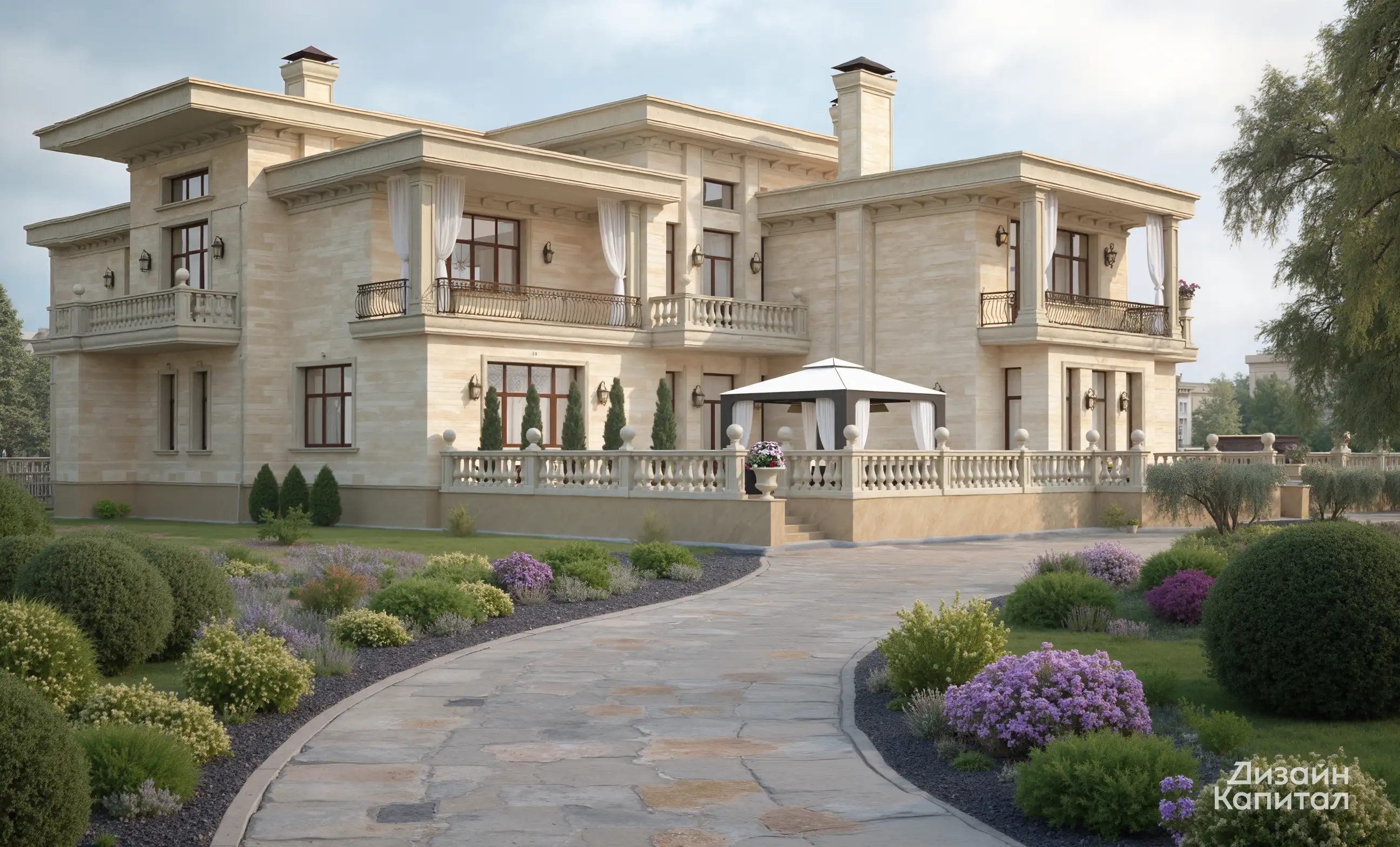 Facade design of a large house with sandstone finish. Modern Classical