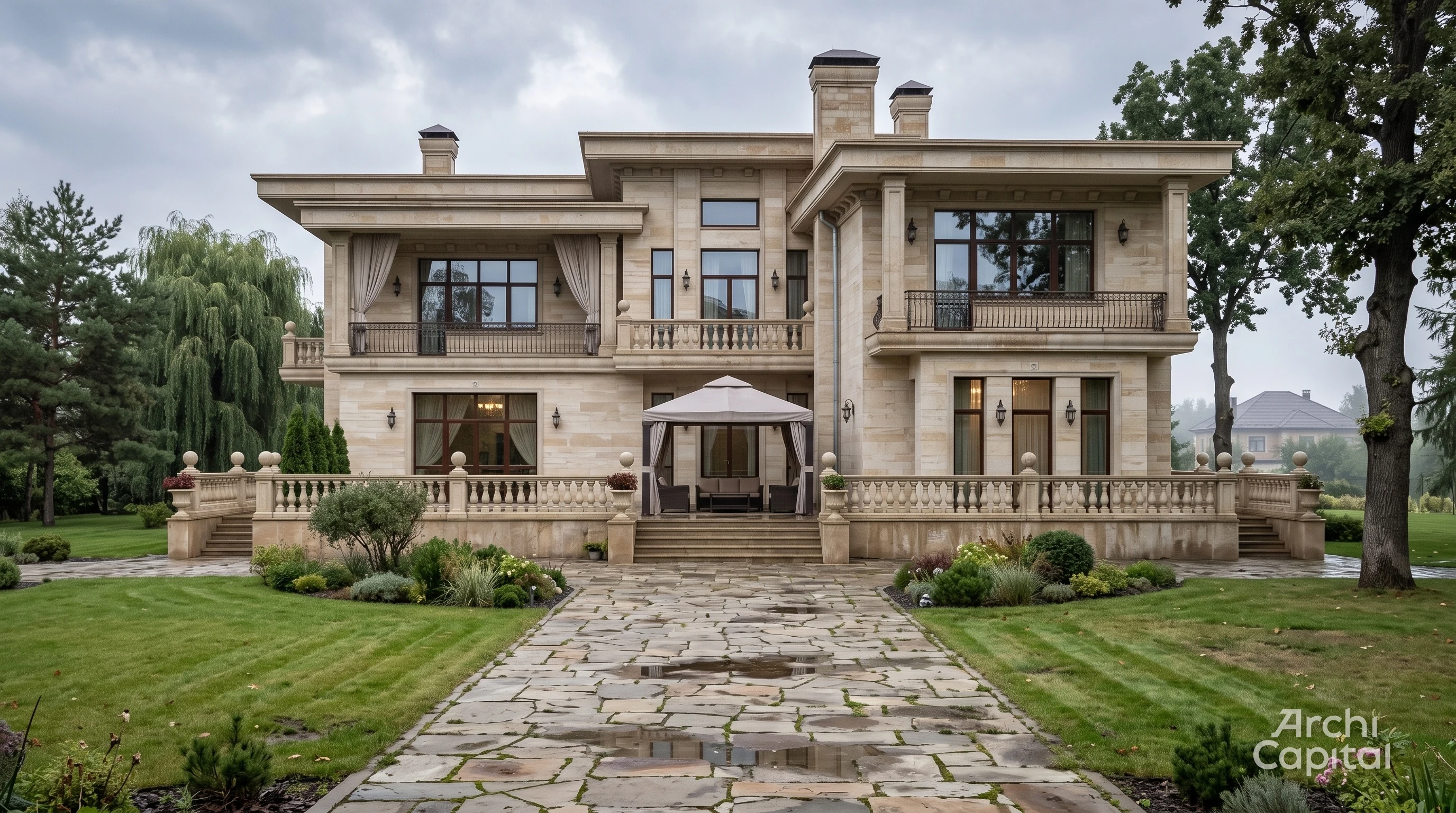 Facade design of a large mansion. travertine