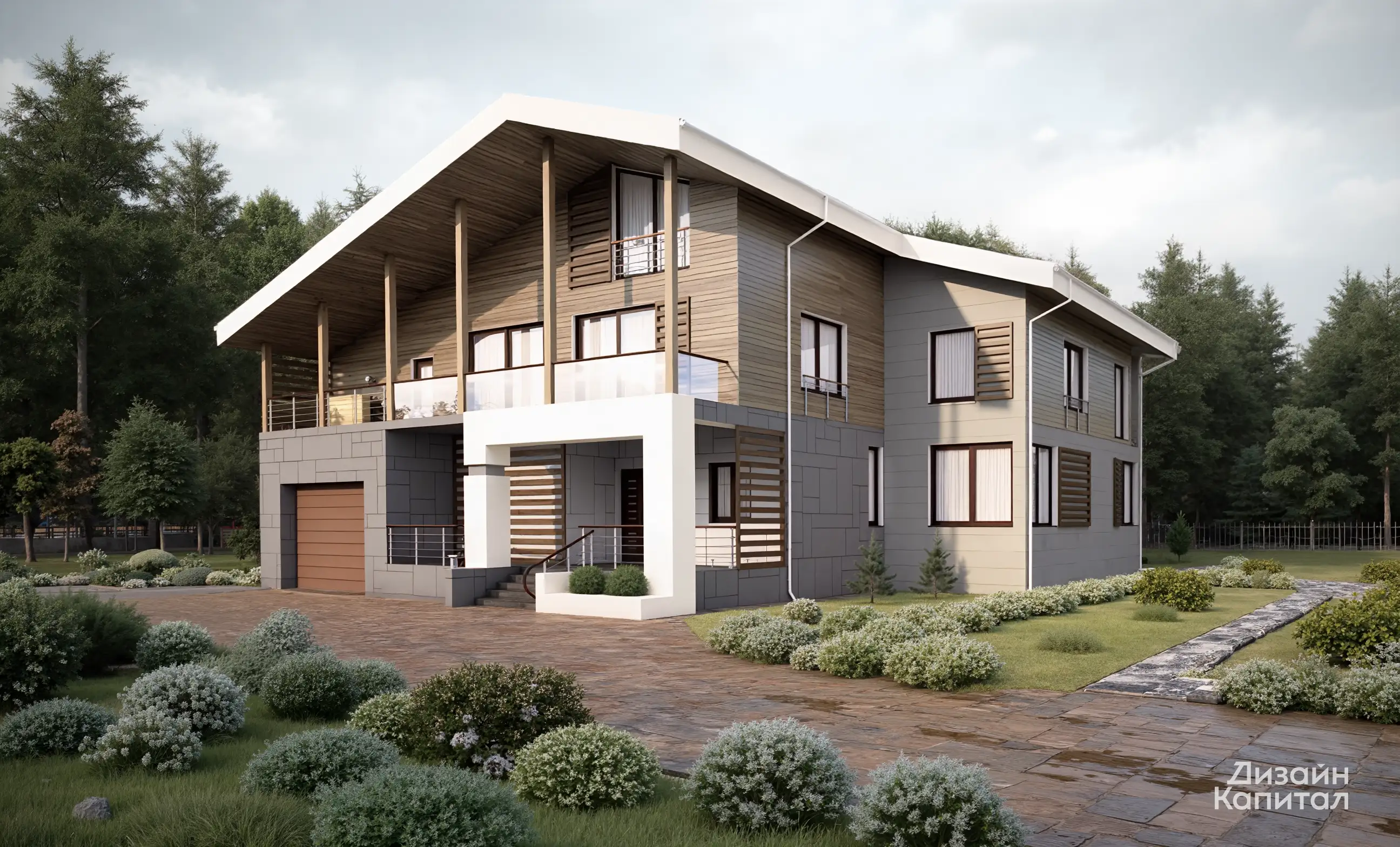 Modern chalet with decorative beige panels and planken