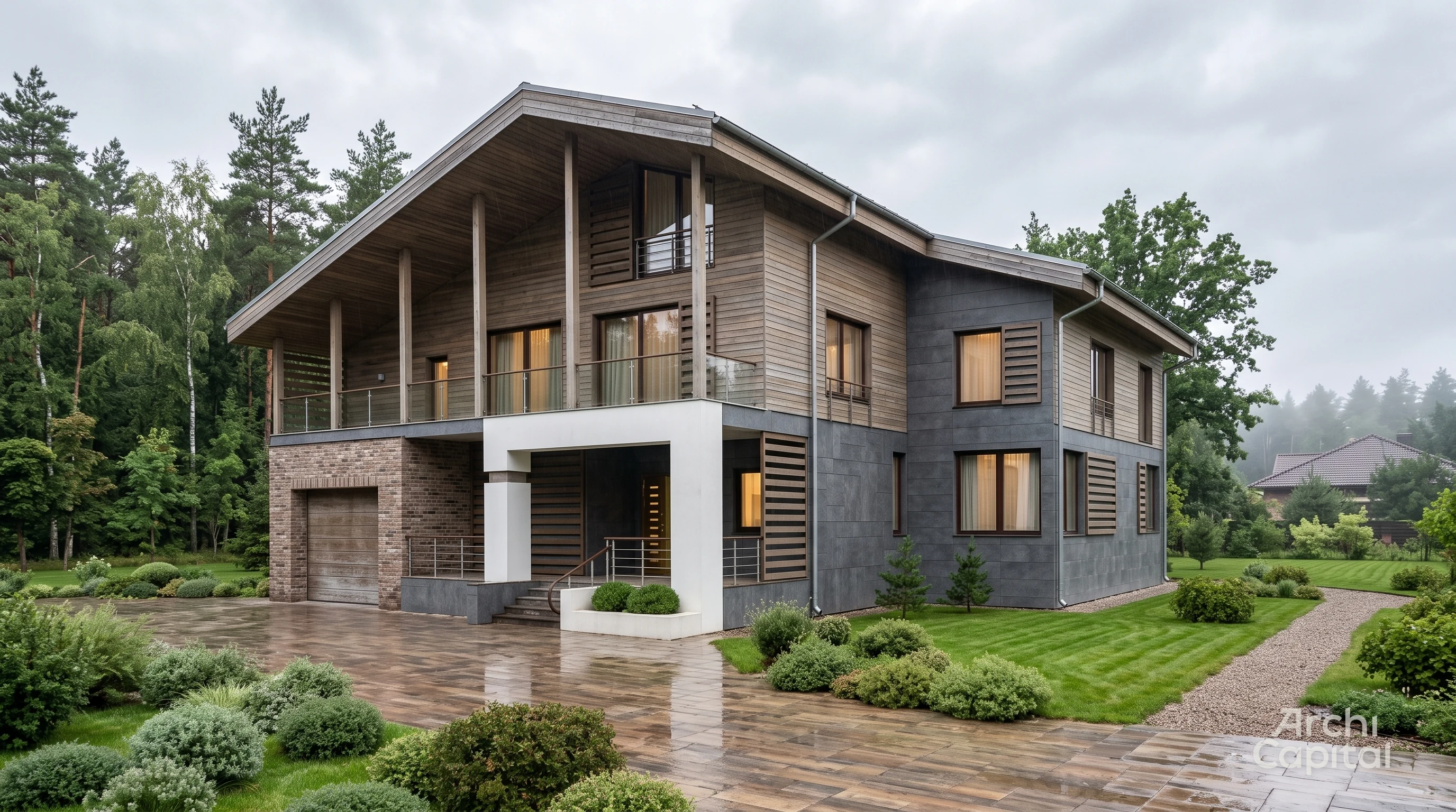 A modern chalet style home facade with wood planken