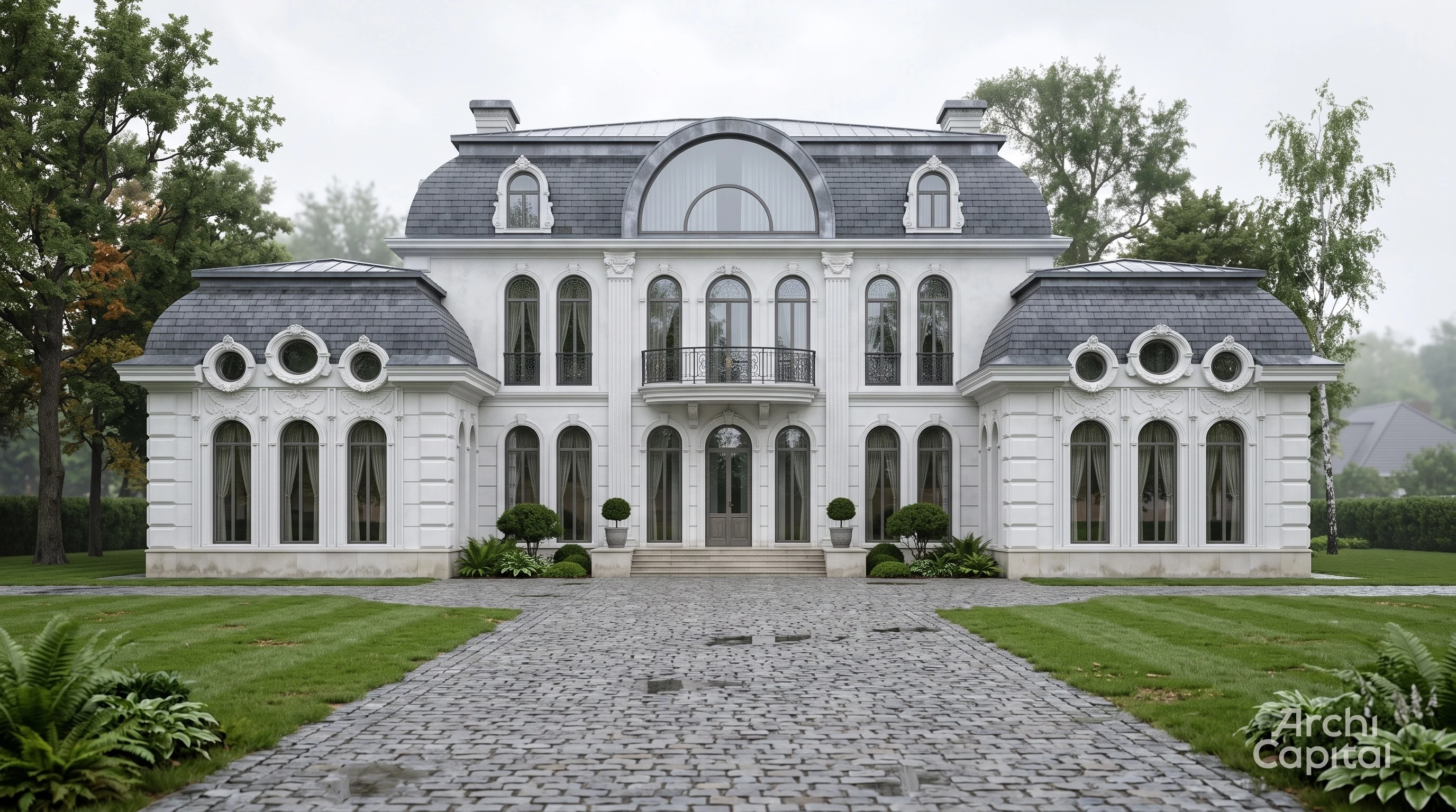 Facade of huge empire style house. white marble