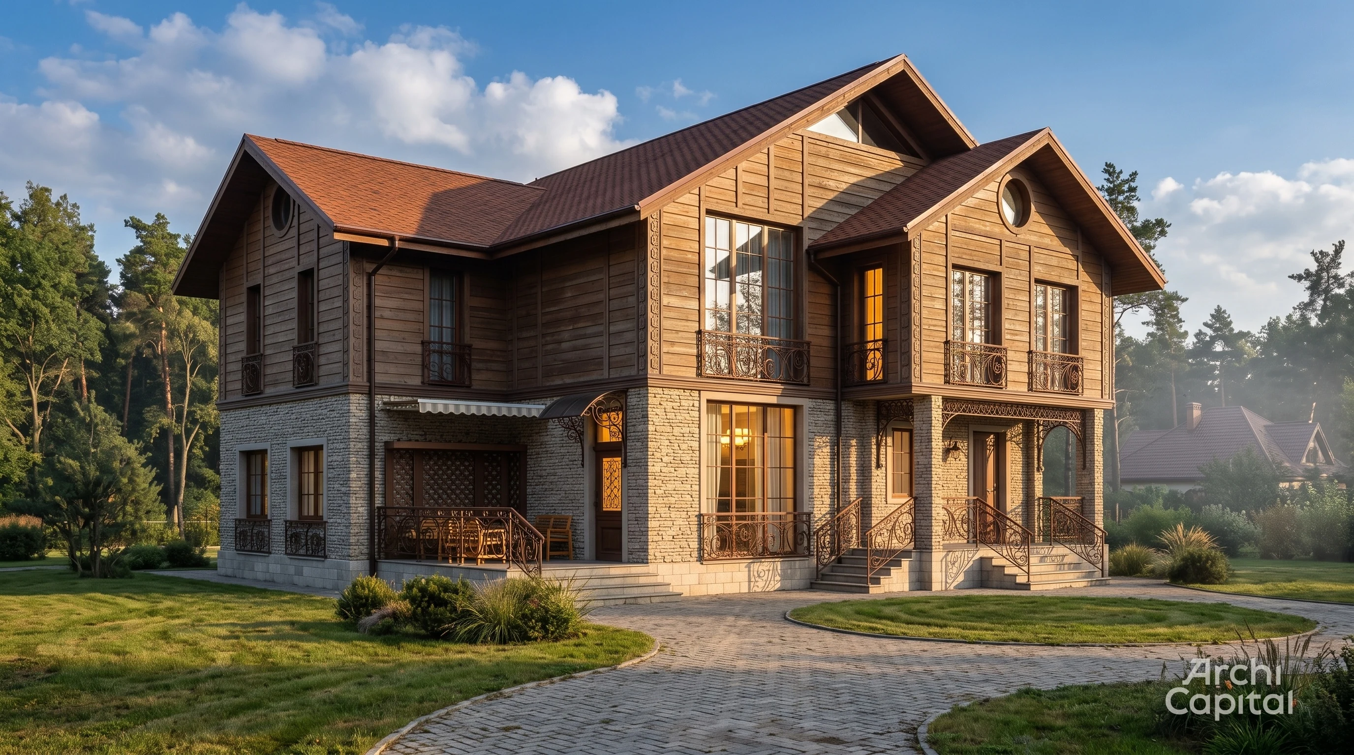 Facade of house in muted colors