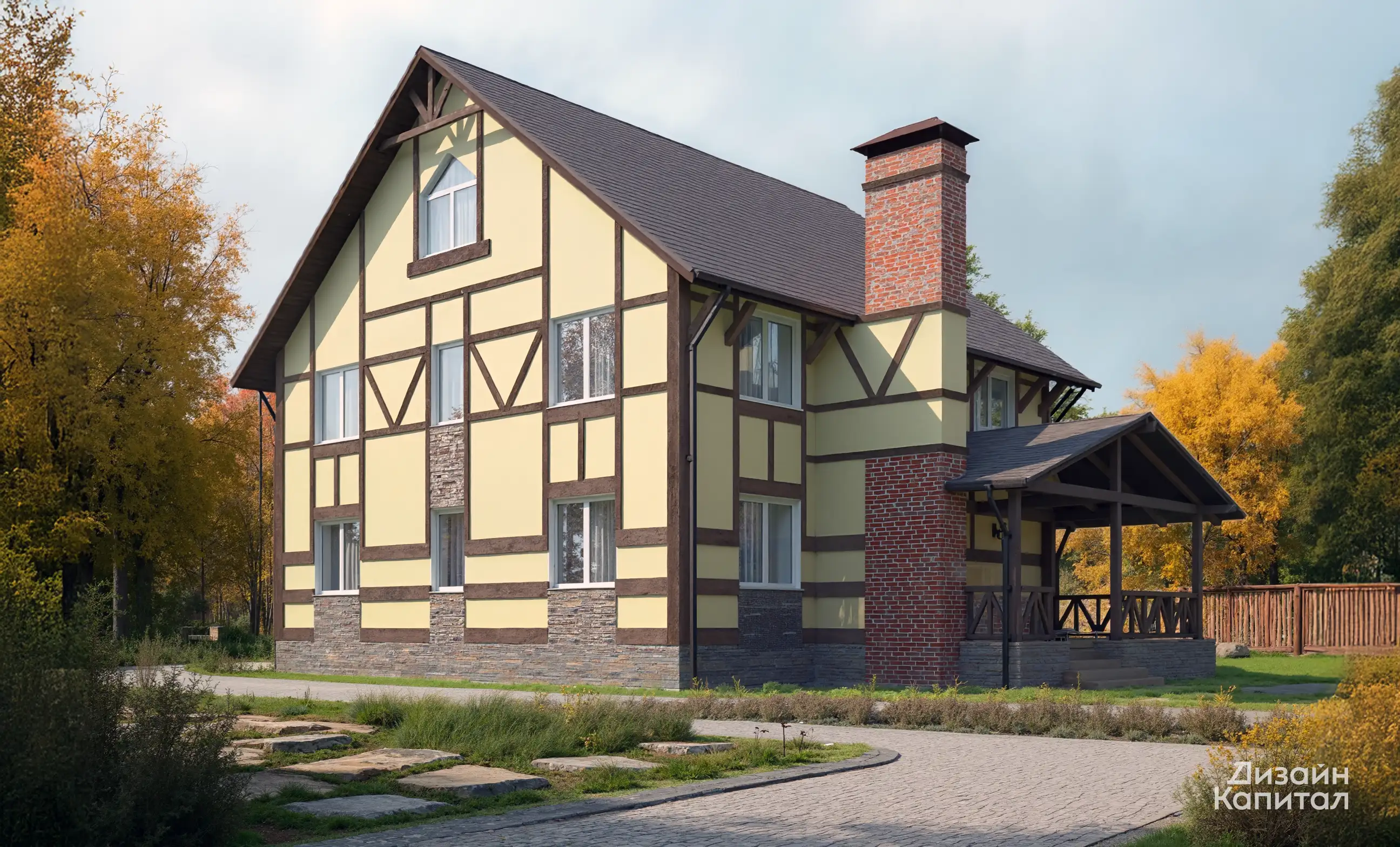 Bright yellow half-timbered house