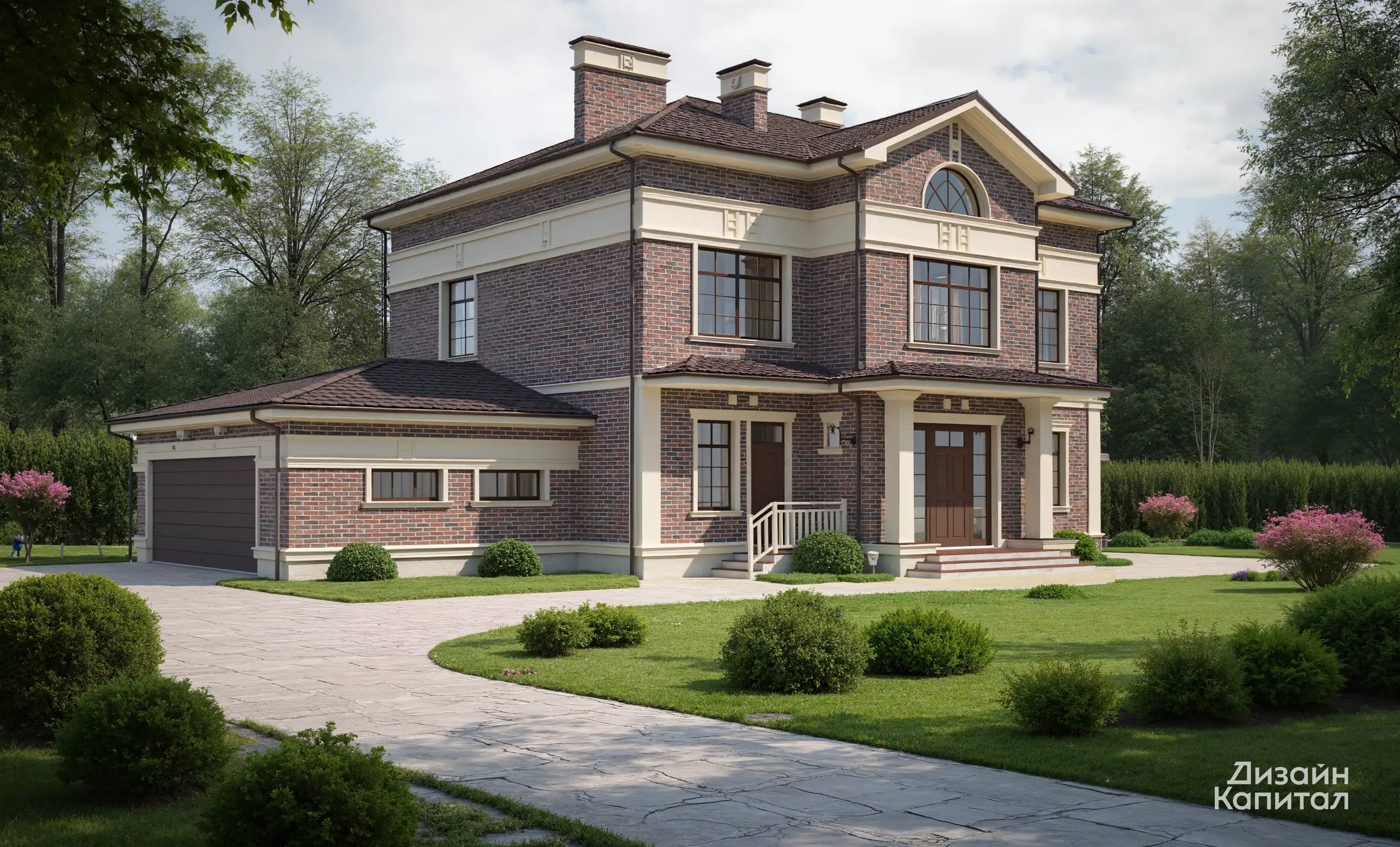 English mansion facade in dark brick and beige decor