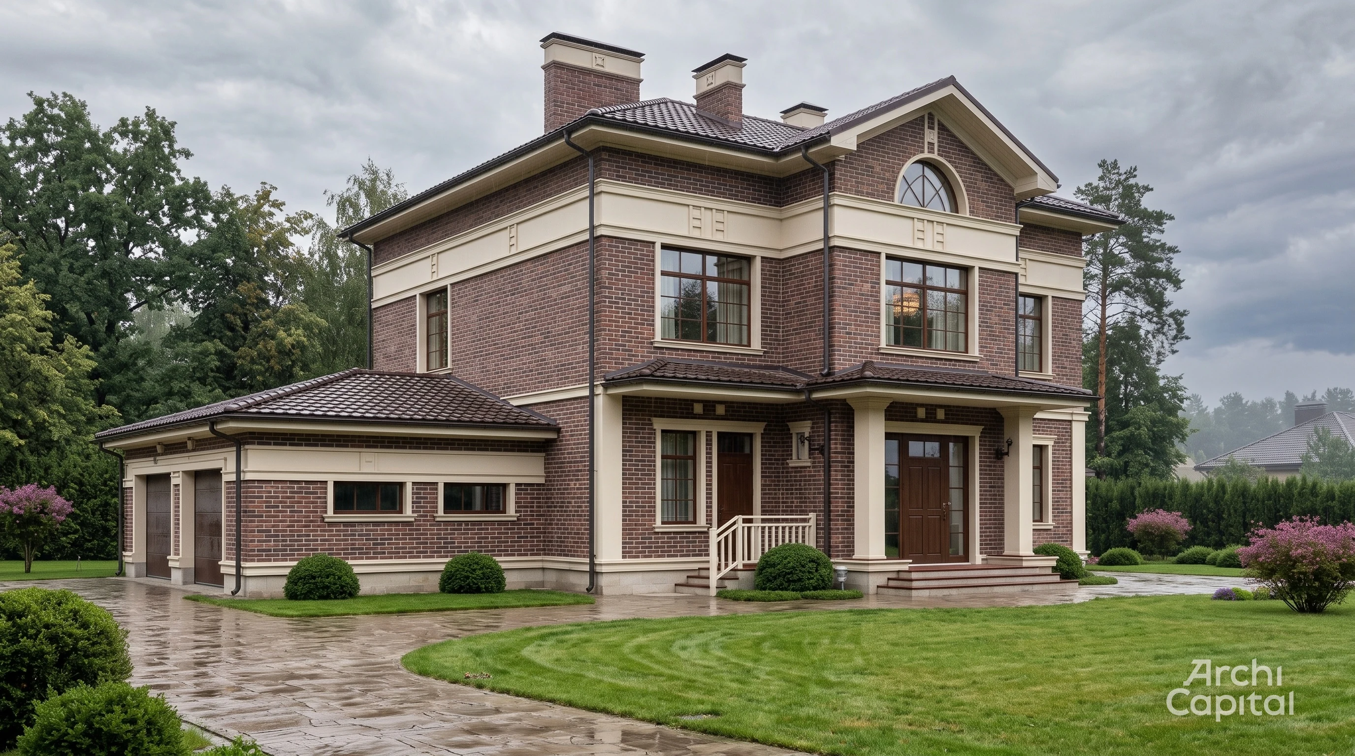 English mansion facade in dark brick and beige decor