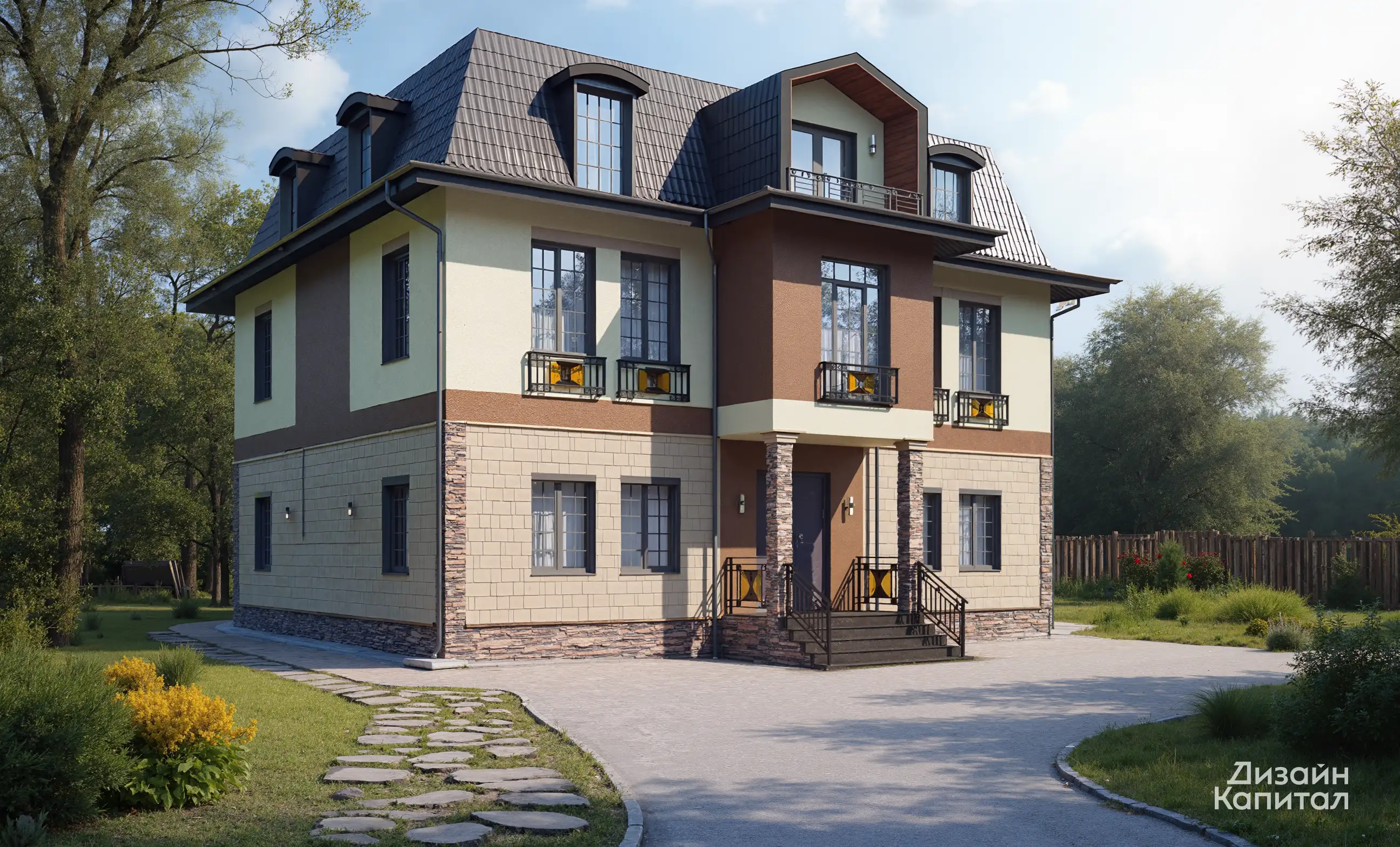 Renovation of a house with an attic. Metal railings with colored glass. Lemon stucco