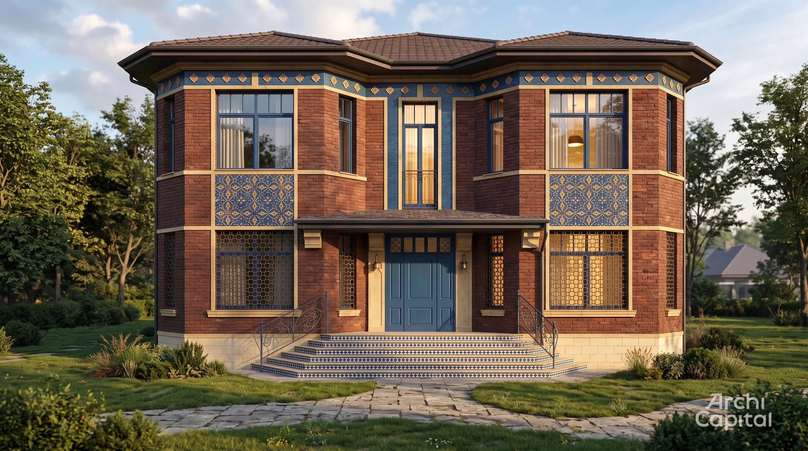 Oriental Style Facade Project. Dark red brick and ultramarine sgraffito