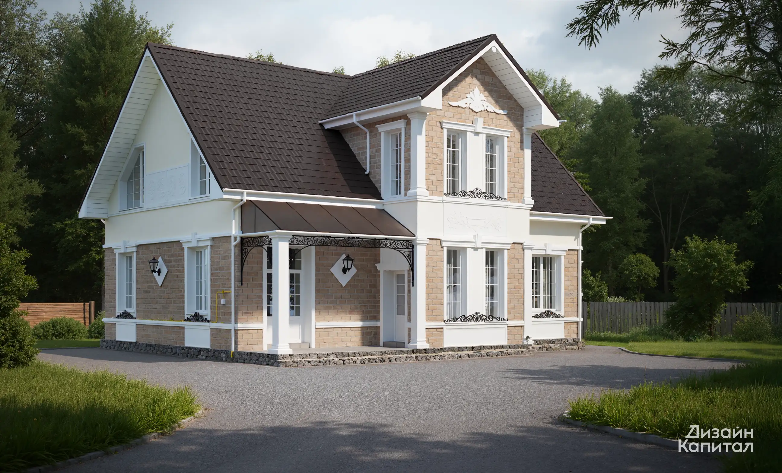 Small house decorated with decorative elements on the facade