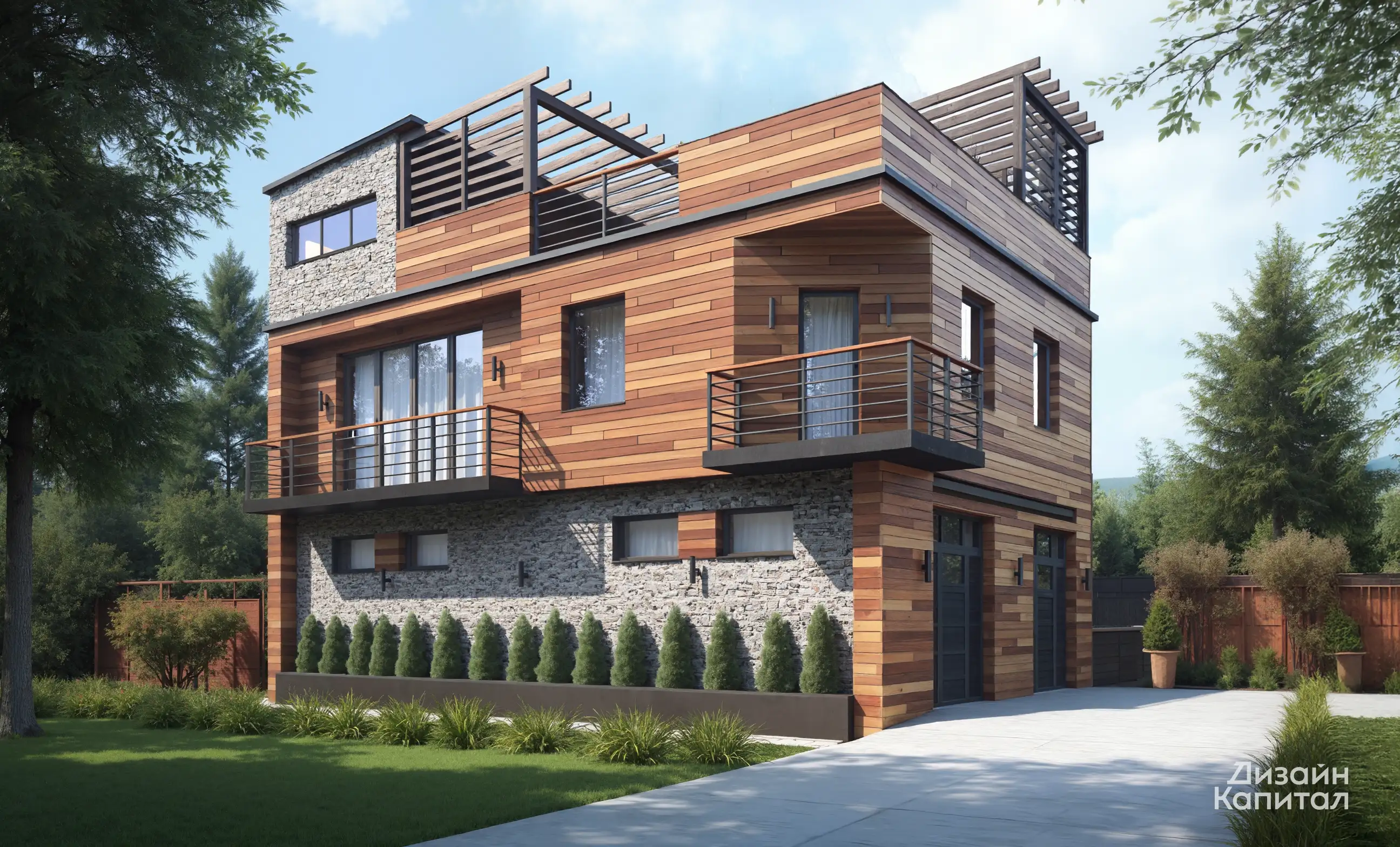 Contemporary style cottage façade with swimming pool. Planken and gray stone