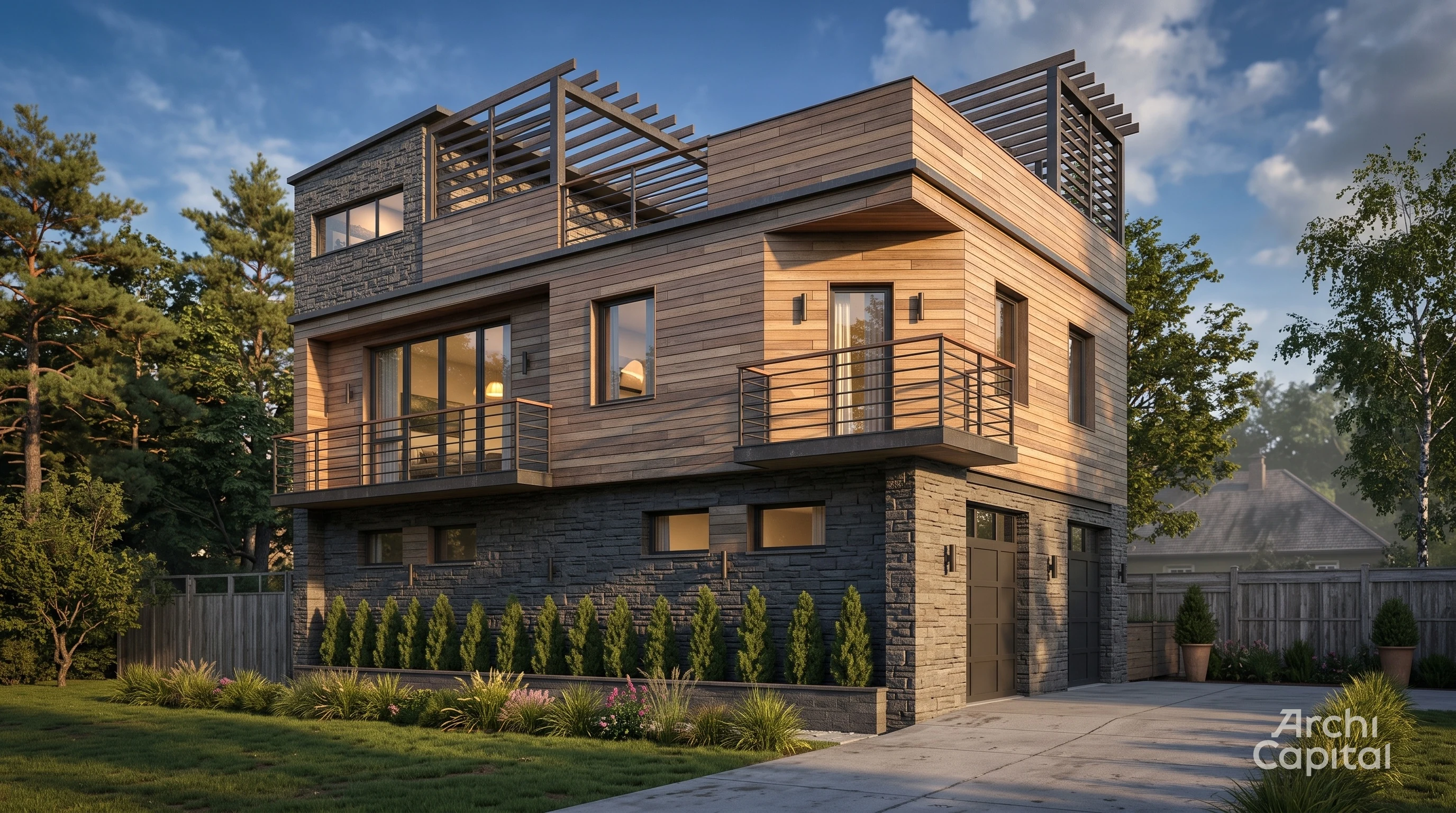 Contemporary style cottage façade with swimming pool. Planken and gray stone