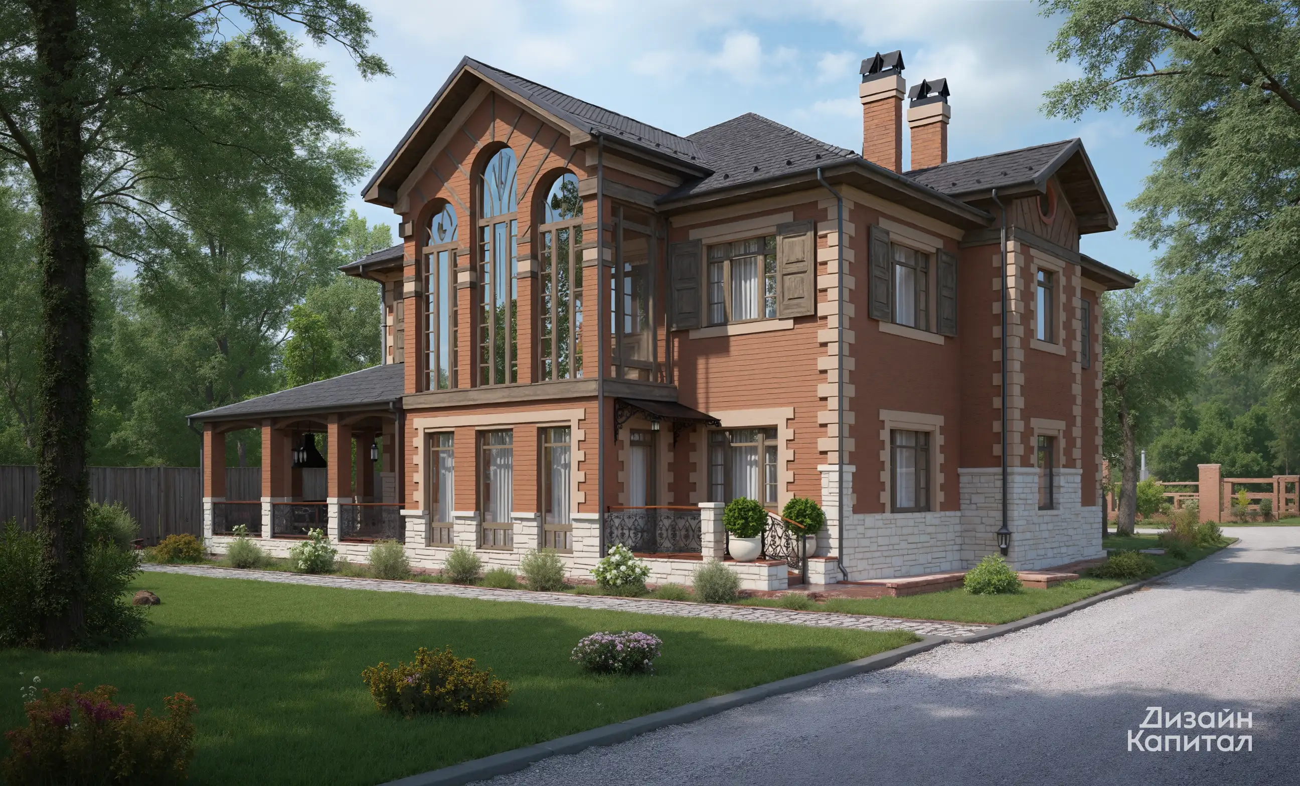 Gothic style brick facade of house, in Moscow region. Basement made of white stone