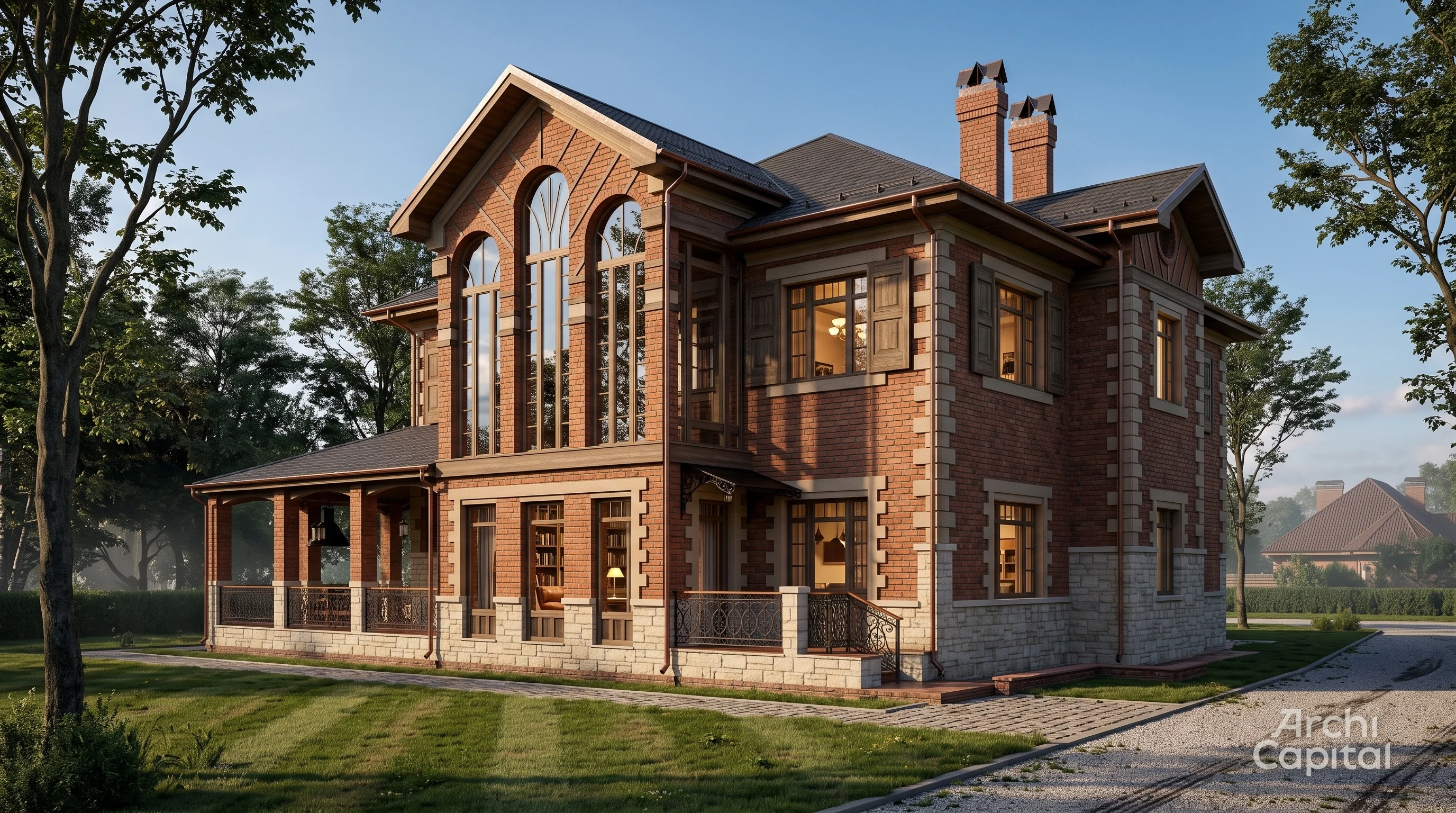 Brick facade of Gothic style house. White stone plinth