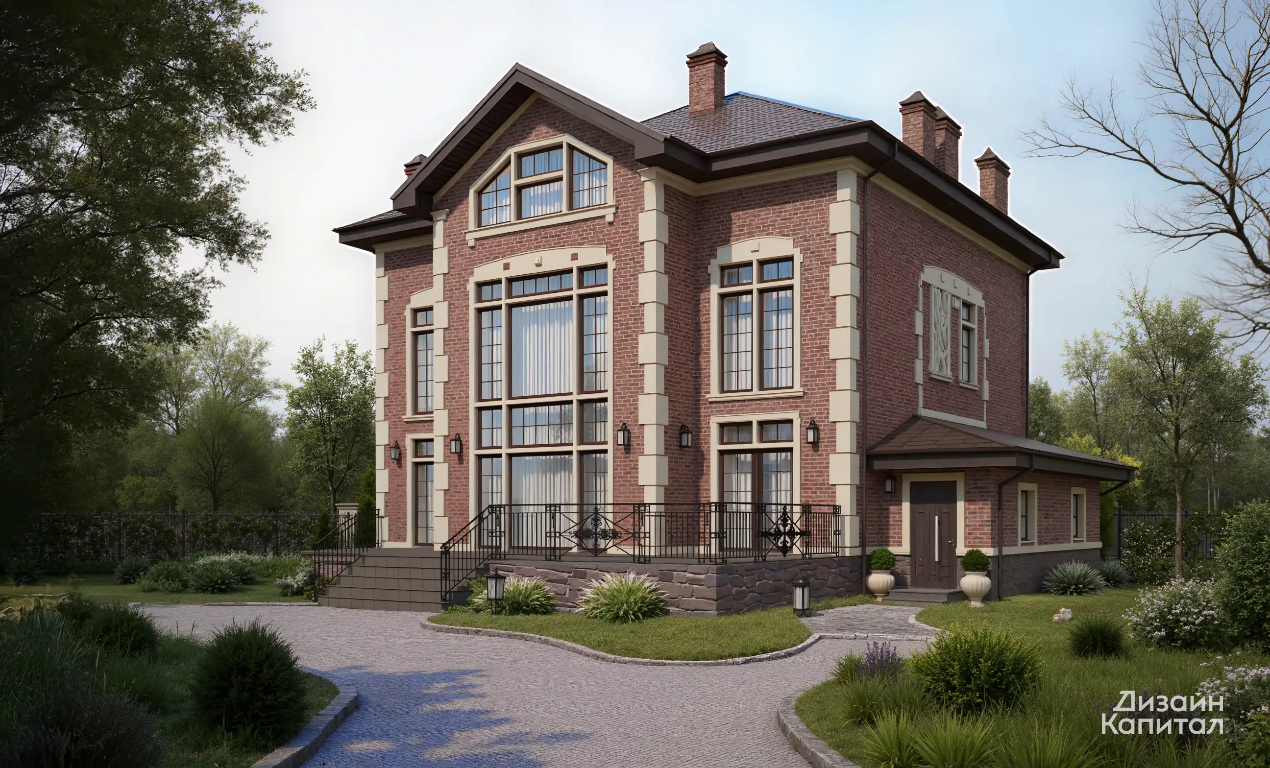 The facade of an English mansion in the Art Nouveau style