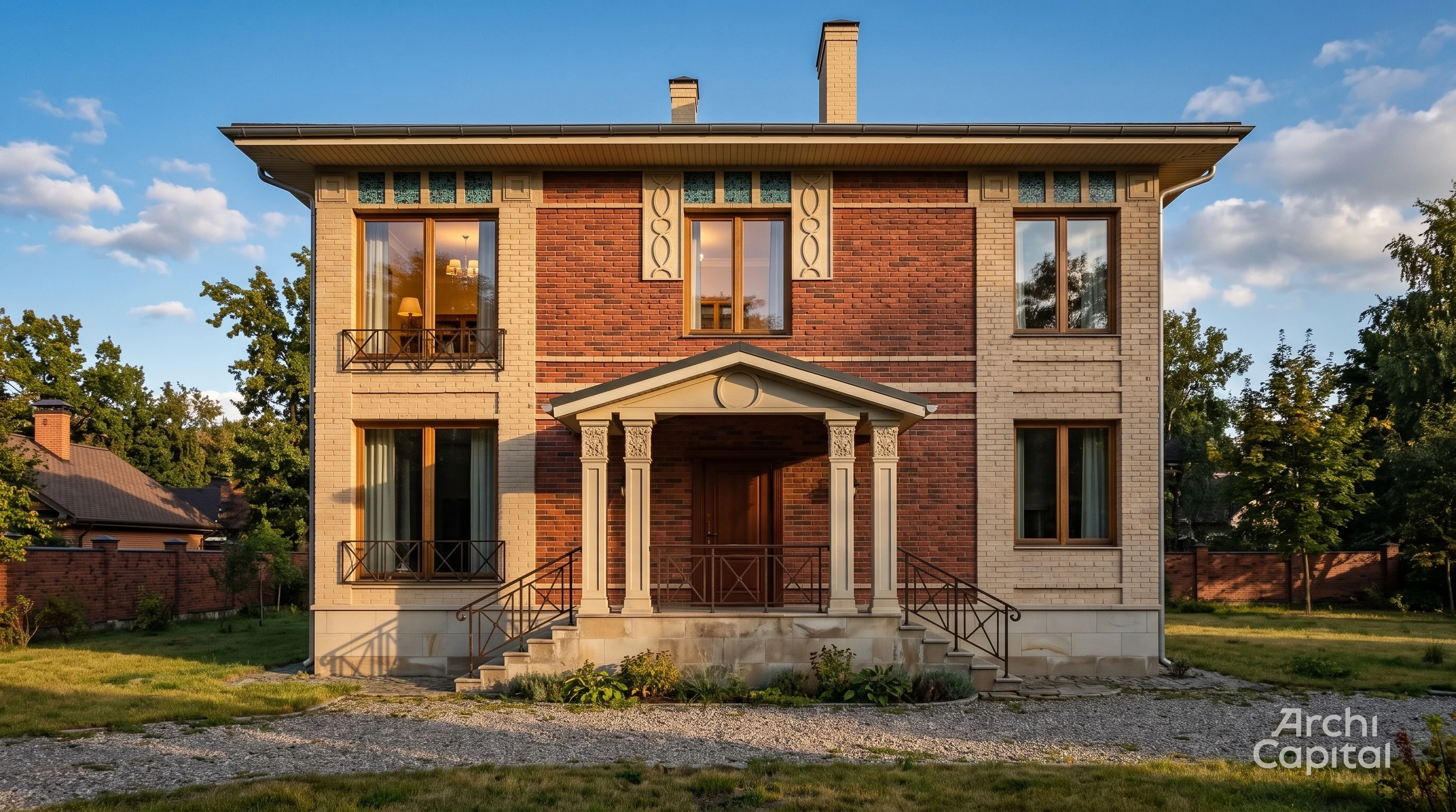Facade of brick house with portico and decorative inserts. Turquoise mosaic