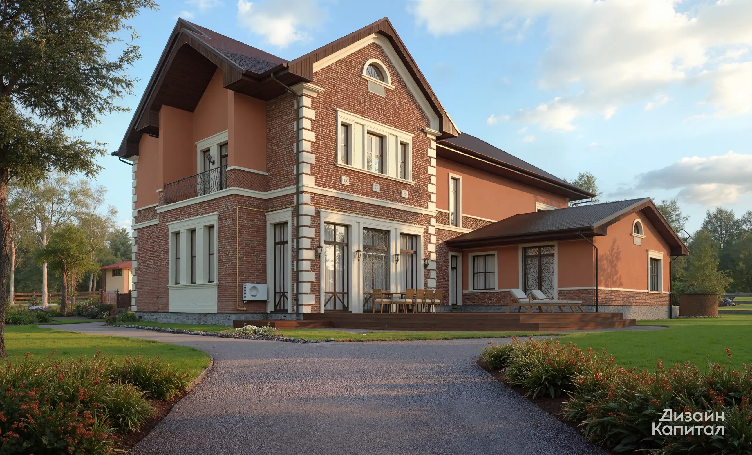 Marsala house facade. Stucco and dark brick, with Bavarian masonry