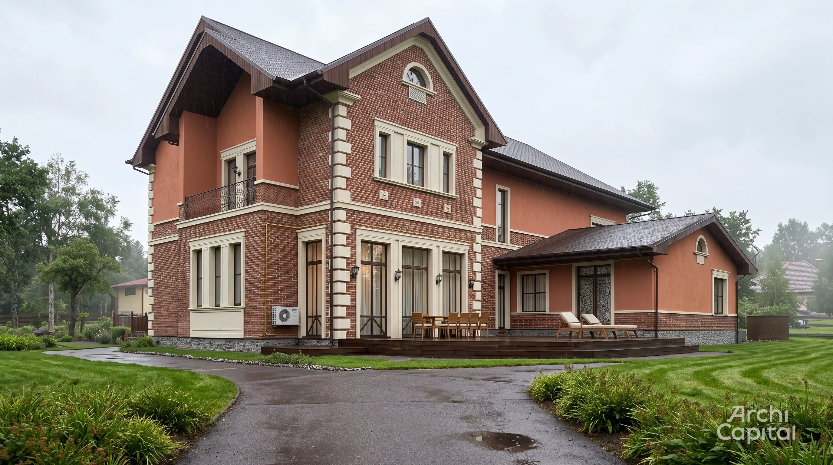 Marsala house facade. Stucco and dark brick, with Bavarian masonry