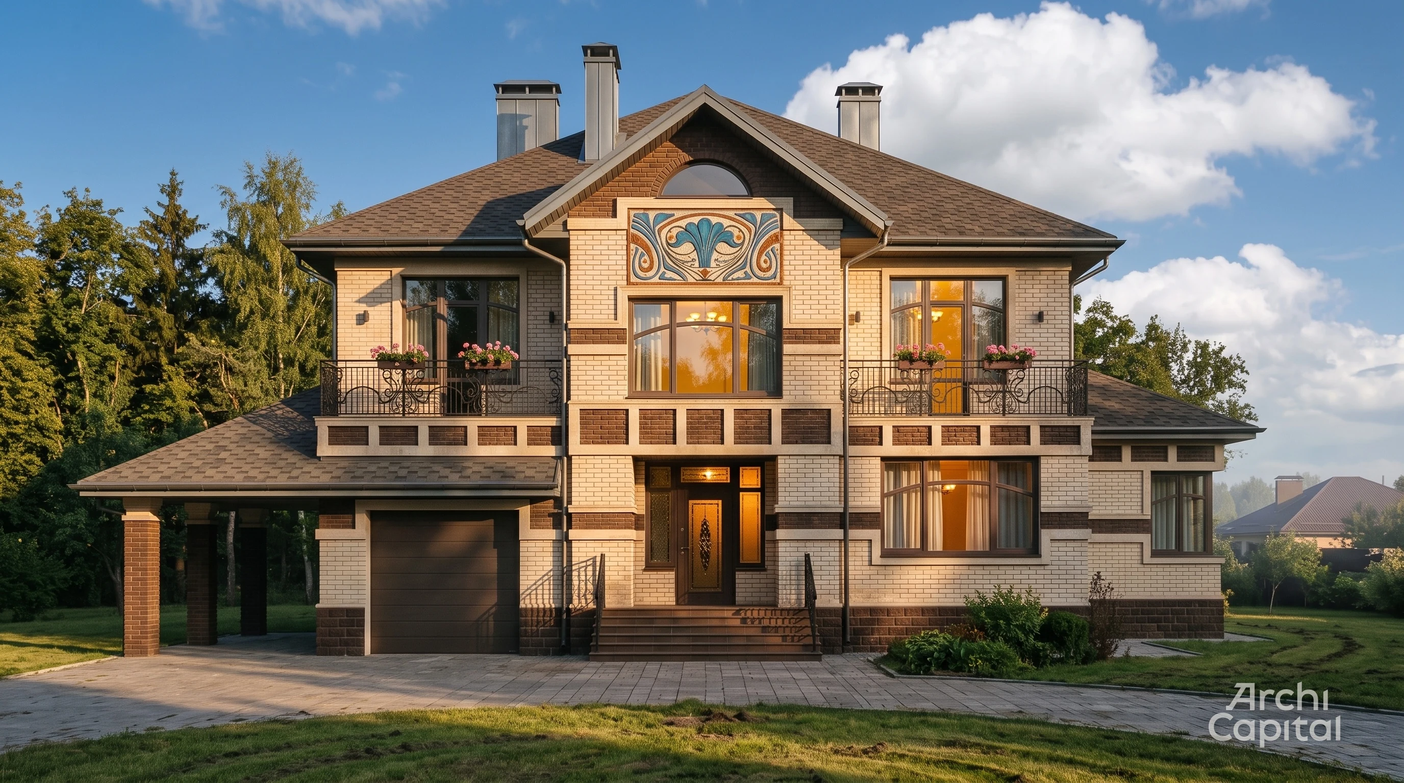 Mosaic façade project. Beige brick, blue roof