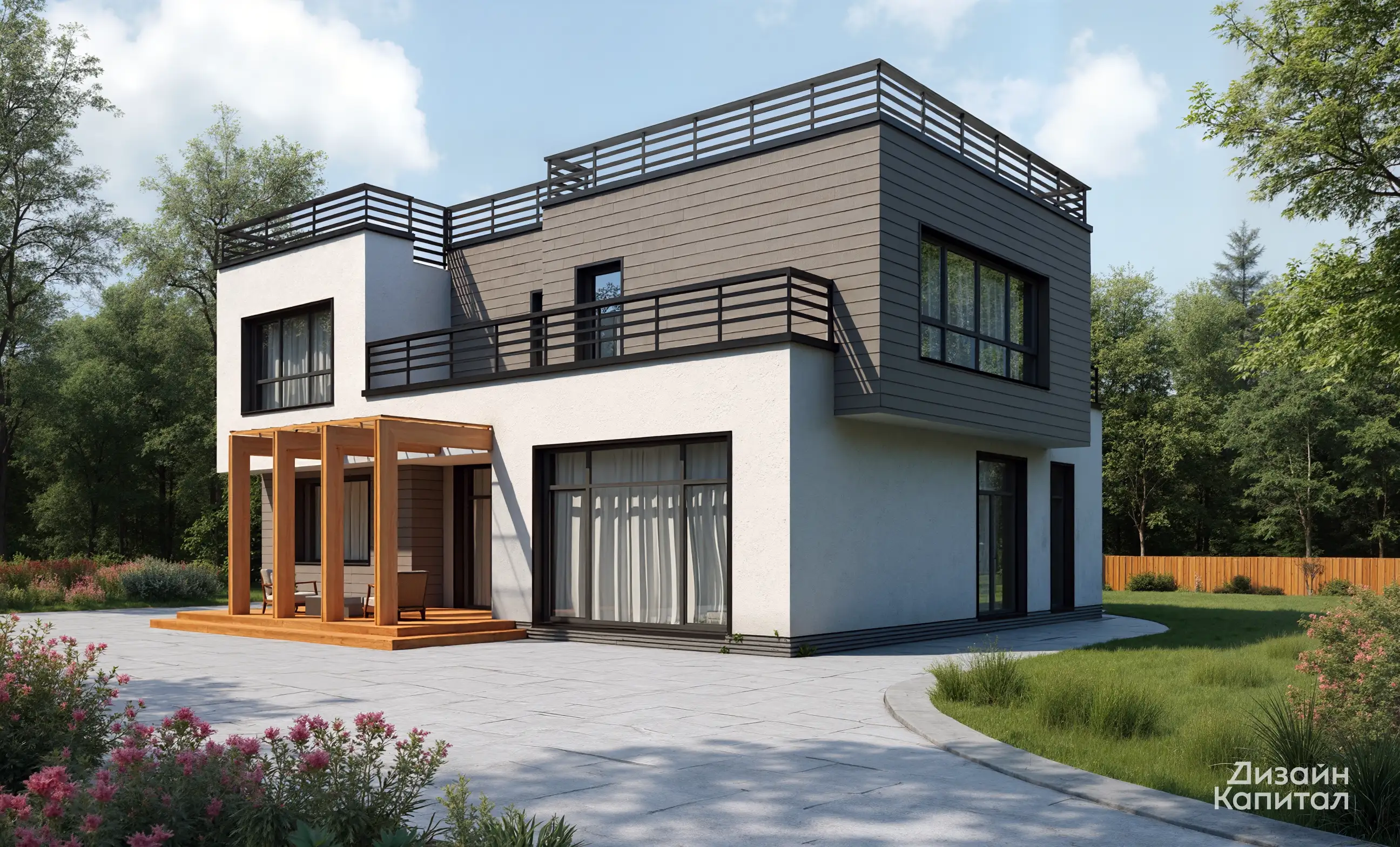 Facade in modern style. Gray fiber cement boarding, black railings