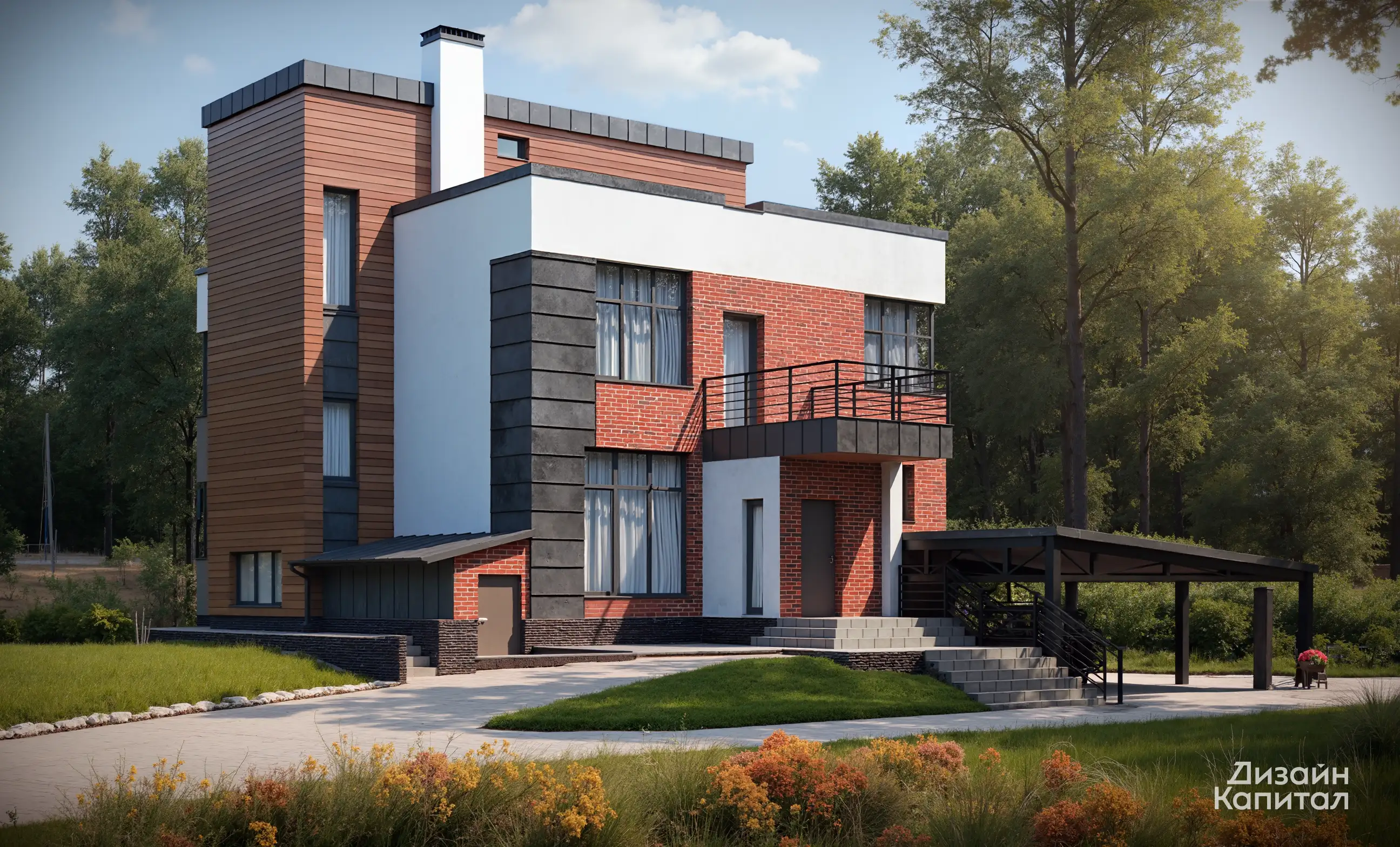 Contemporary Style Facade. Wooden Planken, Brick and White Stucco