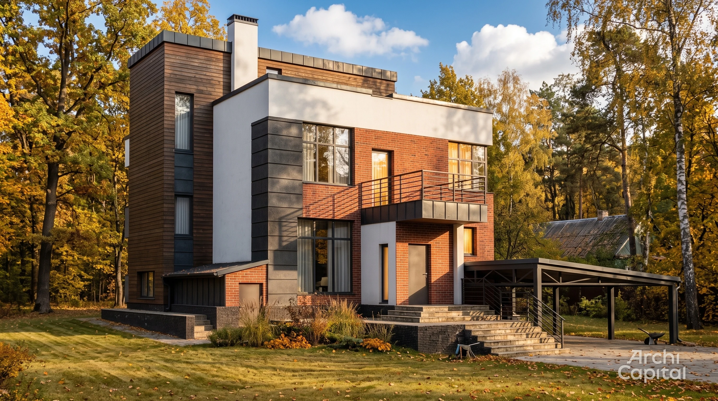 Contemporary Style Facade. Wooden Planken, Brick and White Stucco