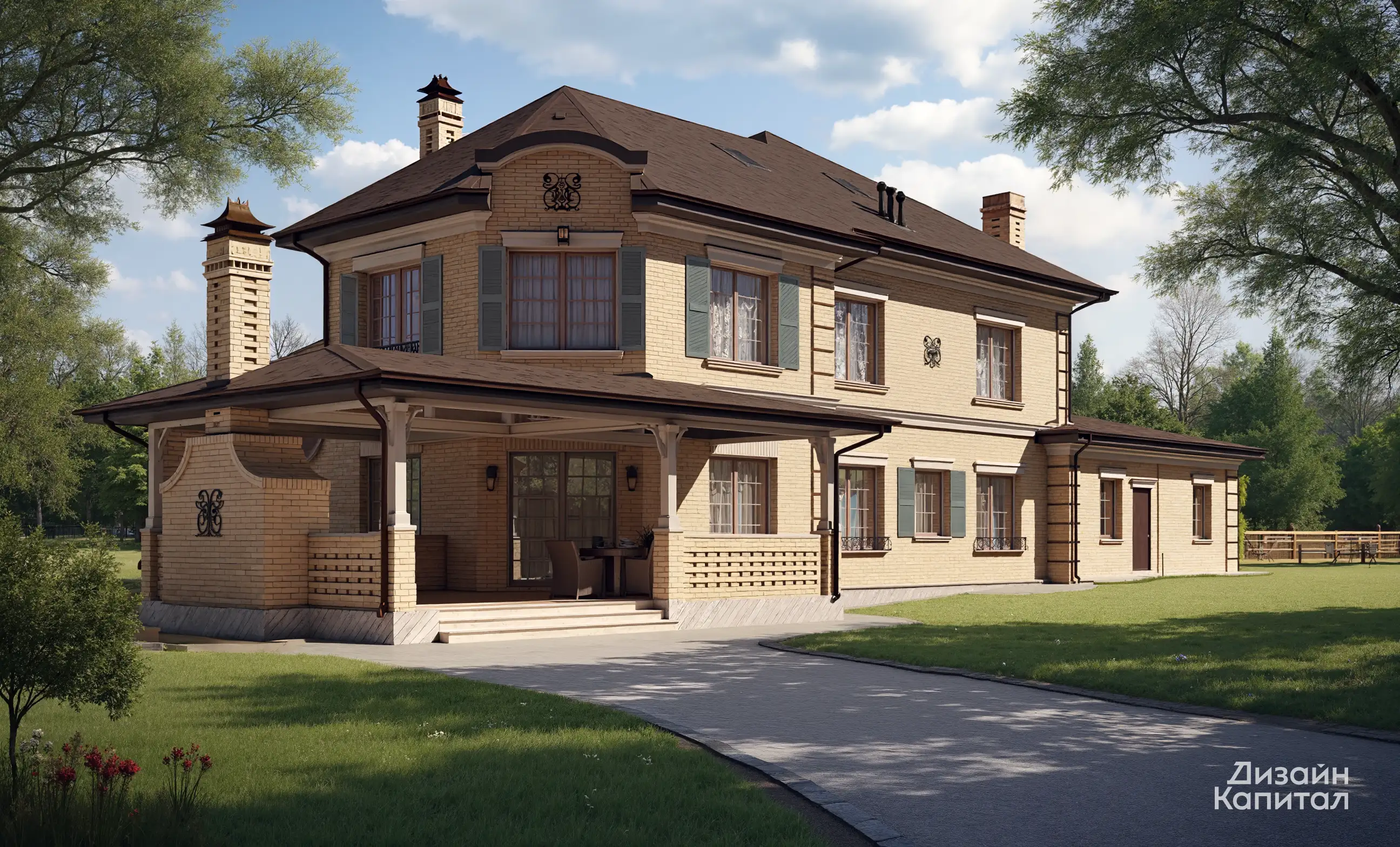 English mansion facade design. Beige brick. Copper visor over the entrance.
