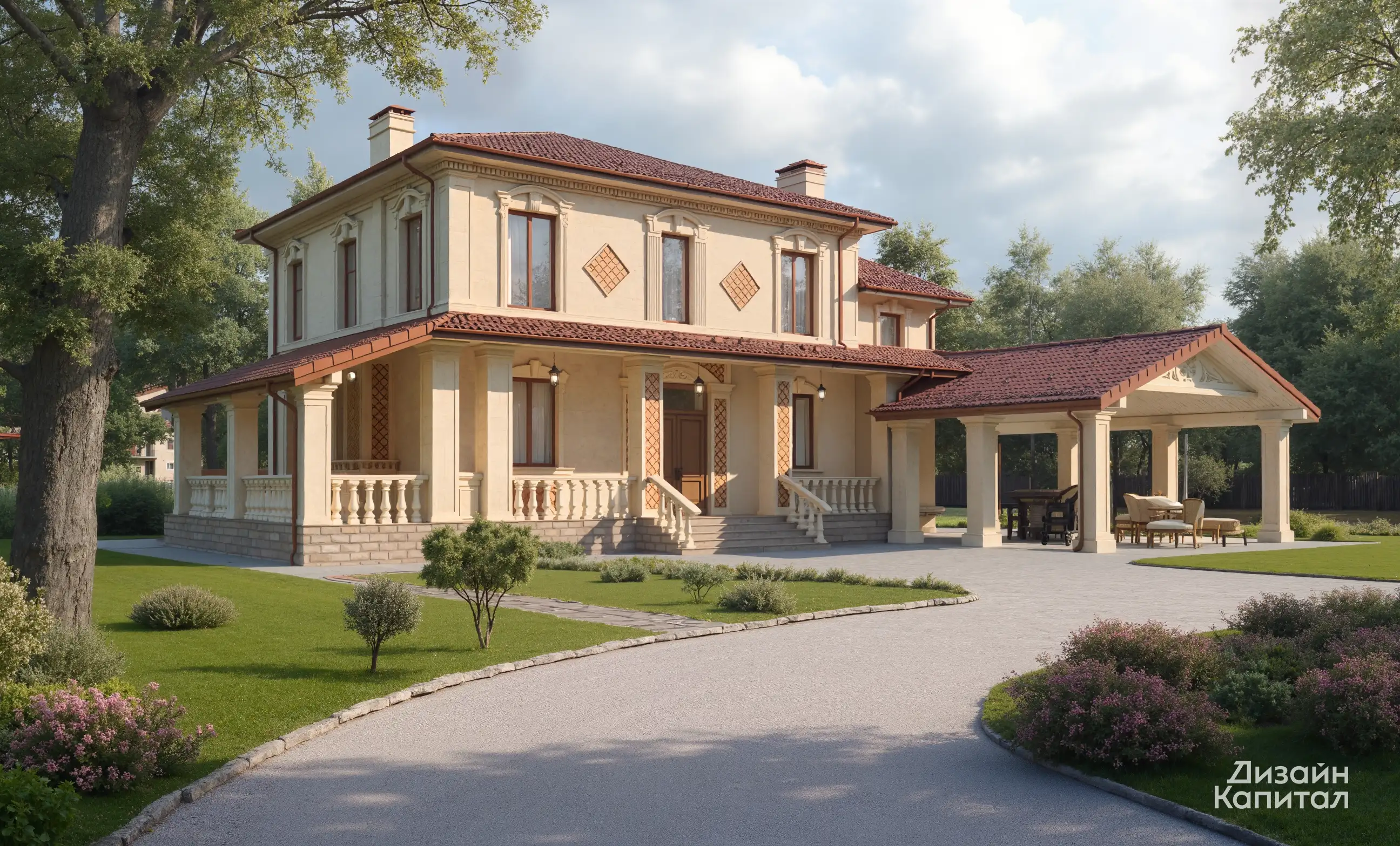 Facade design of a house in a classic Mediterranean style