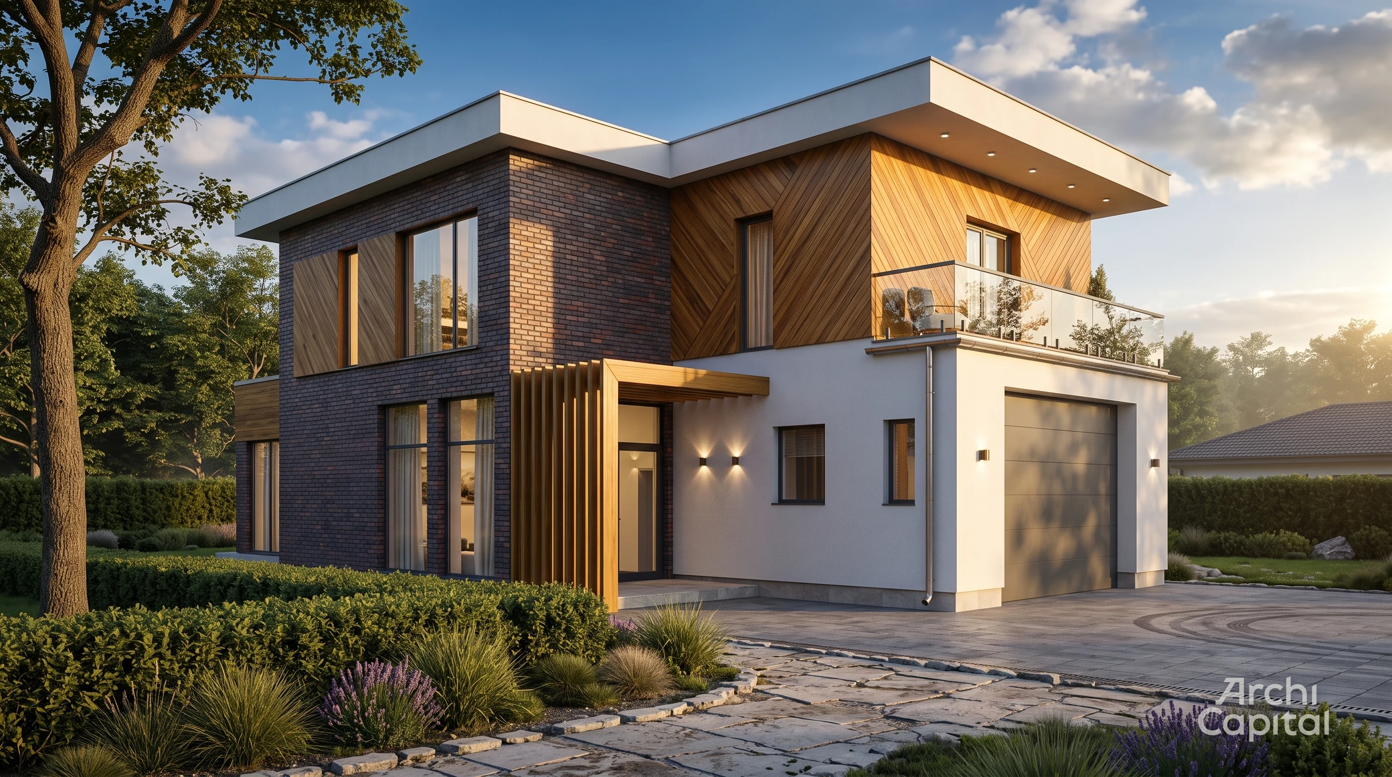 A modern style home facade: brick, wood and stucco