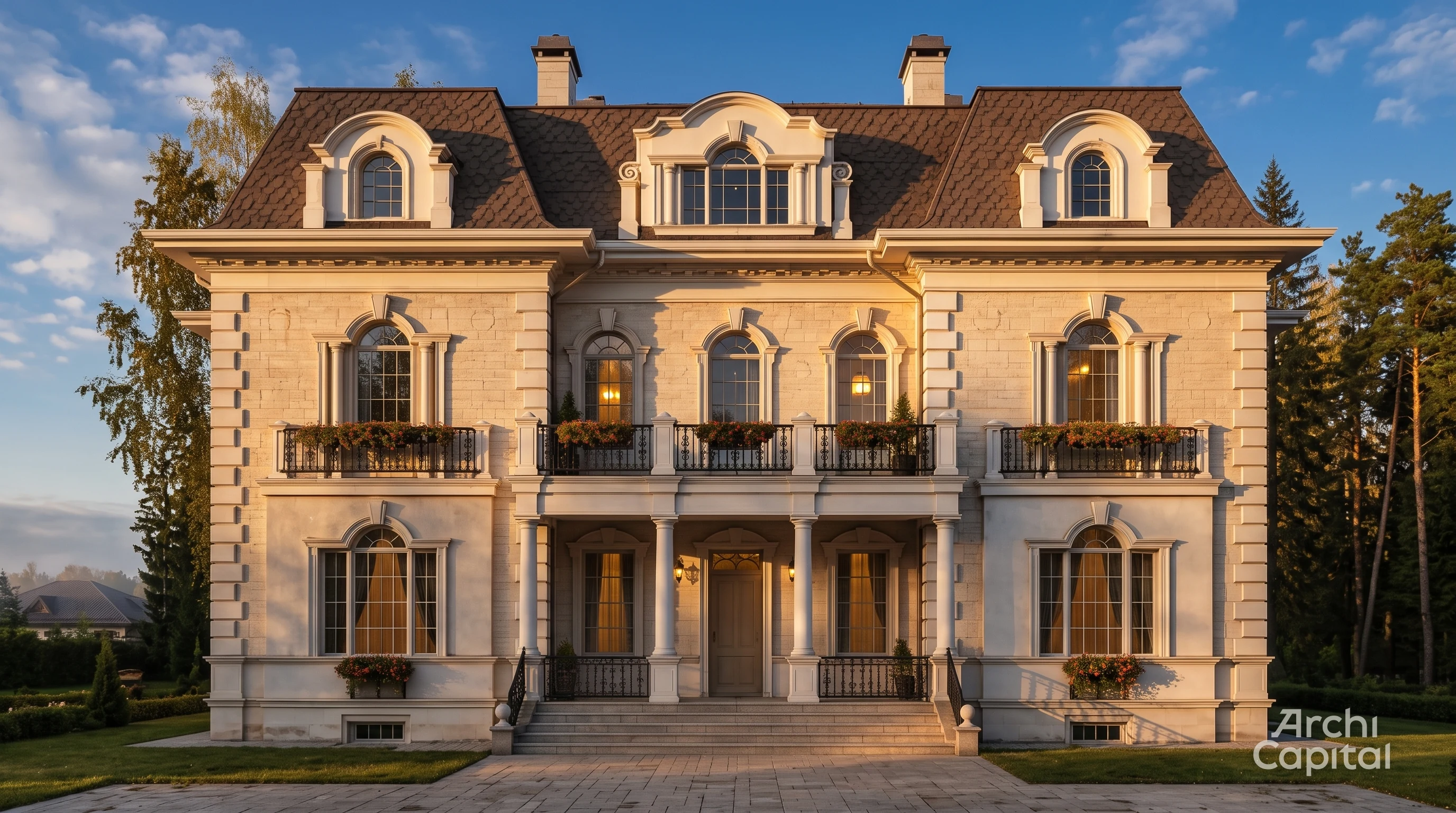 Facade of a large classicism-style house. Light stone, mansard roof, balconies with wrought-iron railings