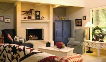 Cozy American Country: Traditional Interior with White Fireplace and Folk Accents
