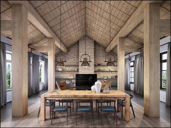 Interior design of dining room in country house in Chalet style.