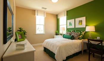 Harmonious bedroom with green accent wall: balance of vibrancy and tranquility