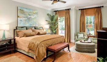 Elegant mint and gold bedroom with thoughtful zoning