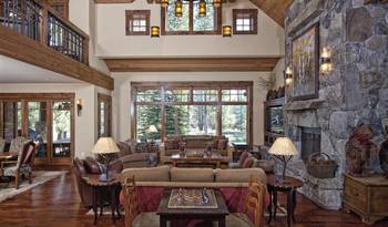 Interior design of studio in country house in Chalet style.