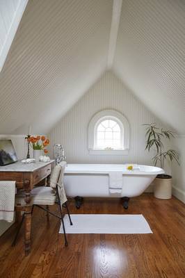 Attic interior in private house in scandinavian style.