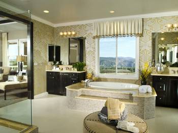 Luxurious Bathroom with Panoramic View: Golden Elegance in a Country House