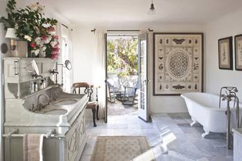 Beautiful design of bathroom in cottage in colonial style.