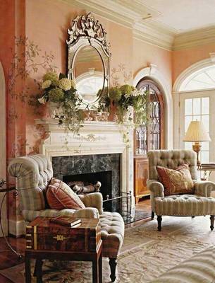Classic Elegance of a Peach Living Room with Fireplace and Architectural Details