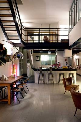 Interior design of stairs in house in loft style.