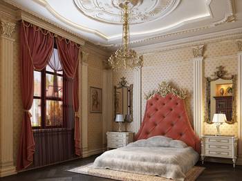 Photo of bedroom in cottage in empire style.