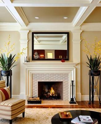 Classic Elegance: Fireplace with Coffered Ceiling as the Interior Focal Point