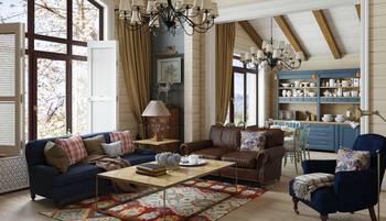 Rustic Chic: Spacious Living Room with Blue Accents and Wooden Ceiling Beams