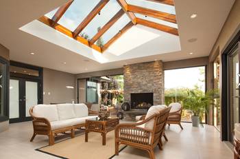 Interior design of veranda in country house in contemporary style.