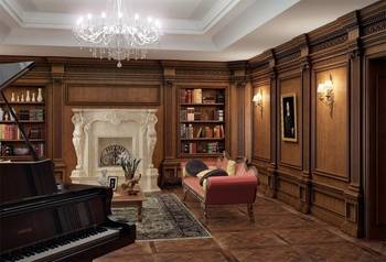Beautiful design of library in private house in renaissance style.